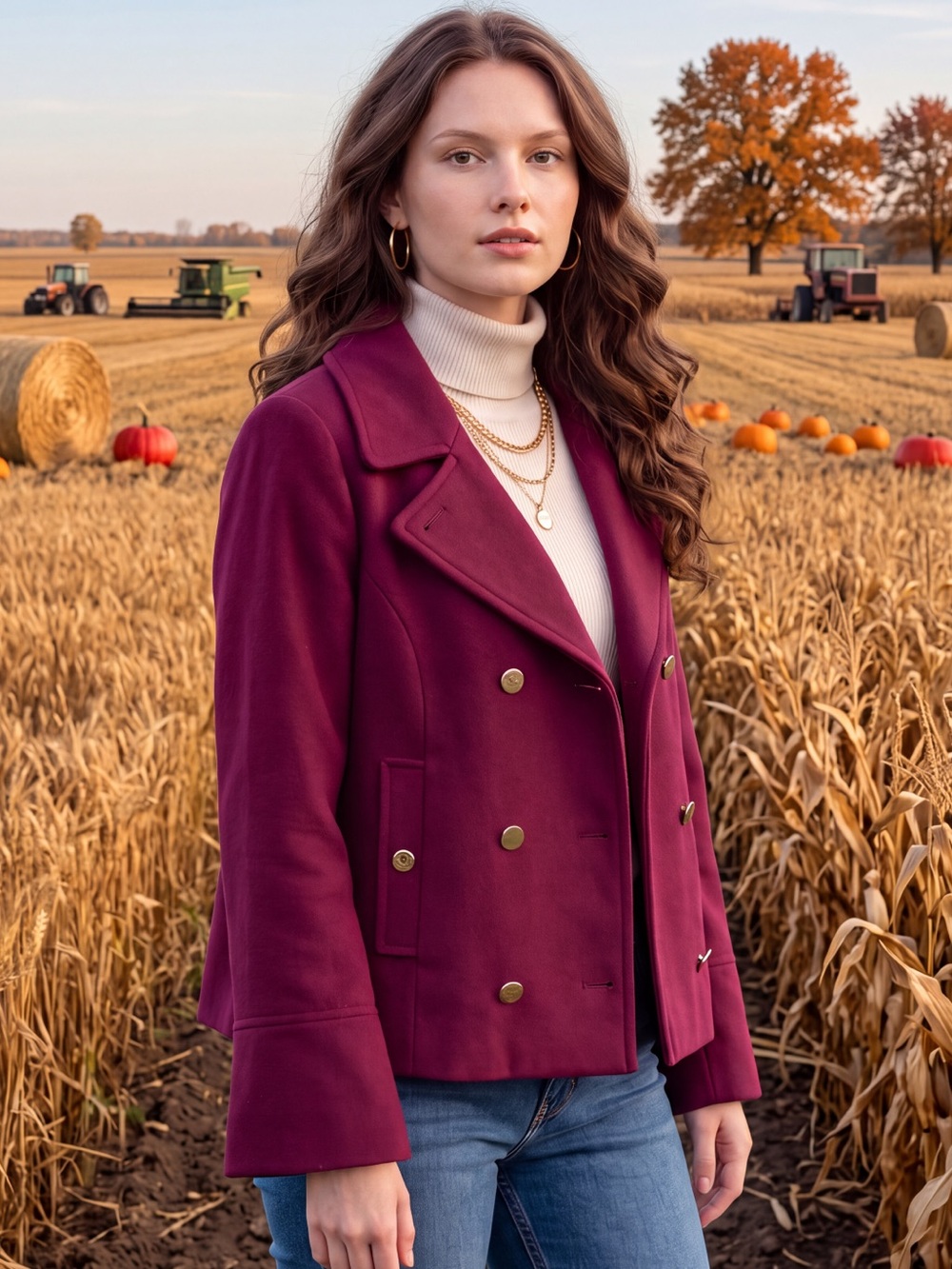 crown & ivy Women's Double-Breasted Peacoat in Magenta Purple Hue